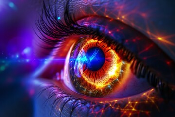 Human Cyborg AI Eye color vision psychology. Eye optic nerve regeneration optic nerve lens lasik outcomes color vision. Visionary iris color vision impairment sight refractive surgery eyelashes - obrazy, fototapety, plakaty