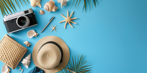 Top view Flat lay Camera, hat, suitcase, starfish, seashell, on blue background, Minimal summer travel holiday vacation concept - obrazy, fototapety, plakaty