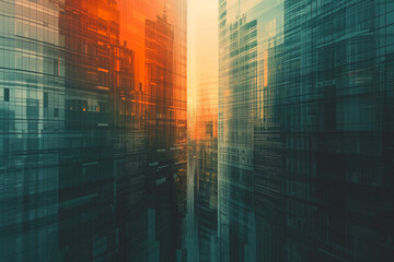 An abstract background with sunset reflection on glass modern skyscrapers in an urban landscape.