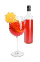 Bottle and glass of tasty Aperol spritz cocktail isolated on white