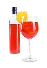 Bottle and glass of tasty Aperol spritz cocktail isolated on white