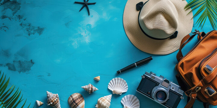 Top view Flat lay Camera, hat, suitcase, starfish, seashell, on blue background, Minimal summer travel holiday vacation concept