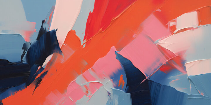 Abstract bold primary color heavy acrylic paint shapes and brushstrokes texture pattern background. Dynamic composition, red, orange, modern art painting wallpaper backdrop