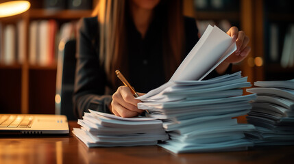 Woman working with a stack of documents at a wooden desk with a laptop nearby. - obrazy, fototapety, plakaty