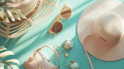 Foto auf Leinwand Top view Flat lay summer fashion accessories sunglasses and hat on blue pastel background © Black Pig