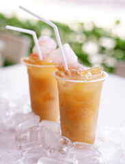 Delicious and refreshing milk based beverage, ice milkshake, cold drink, with different topping and mix