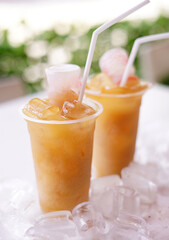 Delicious and refreshing milk based beverage, ice milkshake, cold drink, with different topping and mix