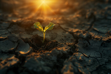 Sunshine to young sprout grows through dry and cracked soil. Life and hope, Development, Climate anxiety, Environmental issues and ecology crisis concept.