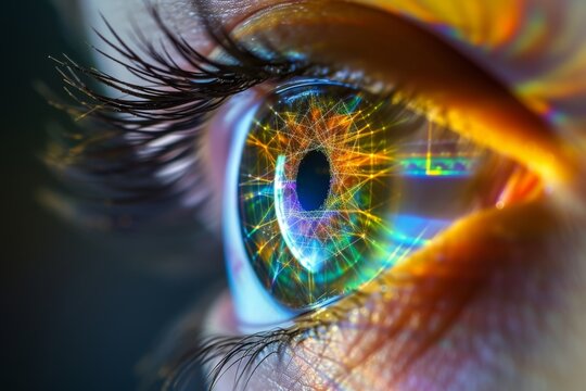 Human Cyborg AI Eye tritanopia. Eye anterior dislocation of lens optic nerve lens pupillary constriction color vision. Visionary iris retinoblastoma sight keratoconjunctivitis sicca eyelashes