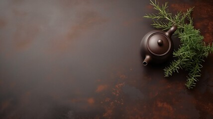 Still life of a brown teapot and fresh green rosemary on a rustic dark brown surface with ample space