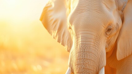 A warm-toned close-up photo of an elephant's face, focusing on the textured skin and the gentle expression in the animal's eyes - obrazy, fototapety, plakaty