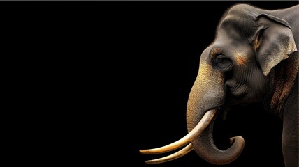 Majestic elephant with tusks on a black background, highlighting its imposing presence and power