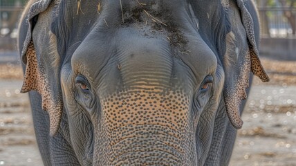Close-up of an elephant's face focusing on the eyes and skin texture, with a blurred background