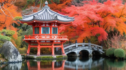 A traditional Japanese pagoda and bridge amidst vibrant autumn foliage reflecting in a calm pond