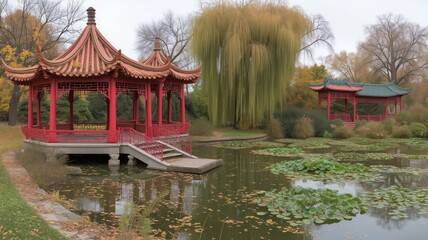 A tranquil Chinese pavilion over a pond surrounded by willow trees and autumnal vegetation
