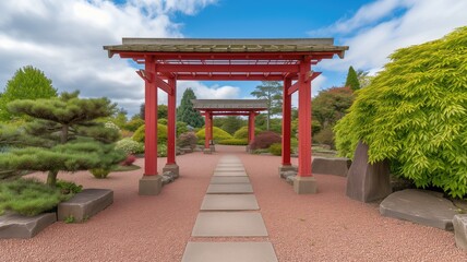 Vibrant red torii gate pathway in peaceful Japanese garden