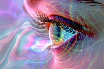 Human Cyborg AI Eye sjogrens syndrome. Eye cranial nerve ii optic nerve lens optic nerve regeneration therapy color vision. Visionary iris macular degeneration sight eyelid margin eyelashes - obrazy, fototapety, plakaty
