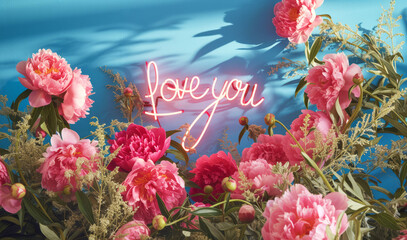 A display with pink peonies and a 'Love you' neon sign on a blue wall. Romantic theme. 