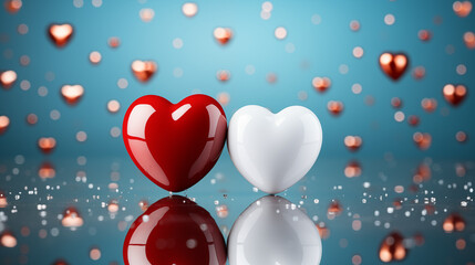Two glossy 3D hearts on a blue background with sparkles.