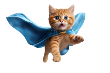superhero cat, Cute cat with a cloak and mask jumping and flying on white isolated background