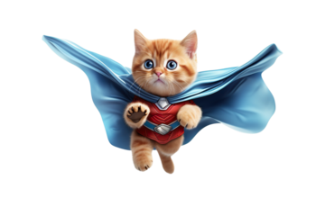 superhero cat, Cute cat with a cloak and mask jumping and flying on white isolated background