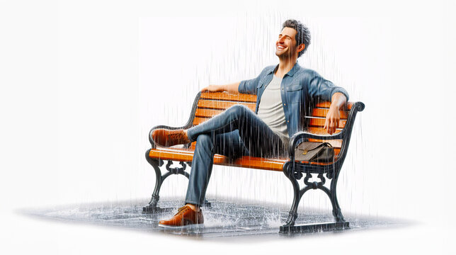 Resilience Shines: Man Smiles whilst sitting on a bench in the rain during a sun shower. Conquering Storm of Depression