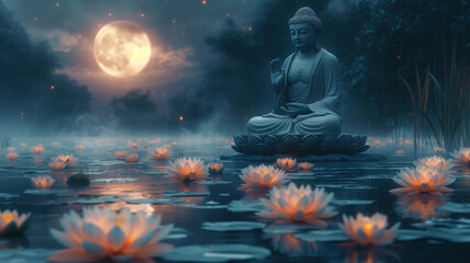 A Buddha statue in meditation beneath the full moon and surrounded by lotus. The concept evokes a sense of serenity and spiritual reflection. Generative AI.