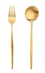 Golden fork and spoon isolated on white, top view