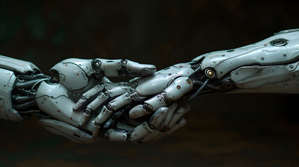 Mechanical Help of Robotic Partnership. Futuristic Hand to Hand Collaboration in Technology Concept, helping hand for Innovation, Cooperation, and Future Concepts. Explore the Power of Teamwork.