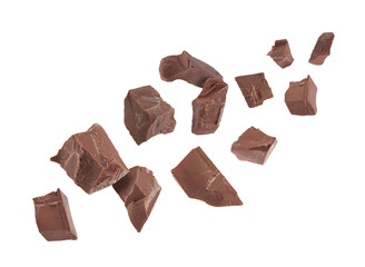 Tasty chocolate chunks falling on white background