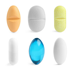 Vitamin. Many different pills isolated on white, set