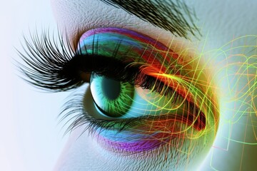 Human Cyborg AI Eye lacrimal duct obstruction. Eye refractive surgery optic nerve lens optic nerve color vision. Visionary iris eye protection sight visual association cortex eyelashes - obrazy, fototapety, plakaty