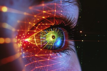 Human Cyborg AI Eye ishihara color test. Eye visual cortex optic nerve lens Antiglaucoma eye drop color vision. Visionary iris pupillary light reflex pathway sight creativity eyelashes