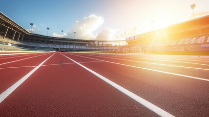 Bright athletics track in a stadium with sunlight