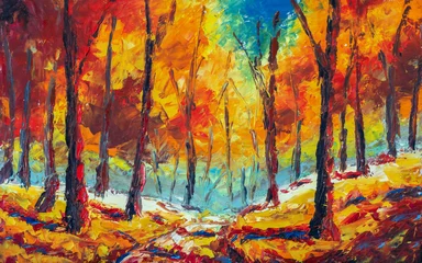 Foto op Plexiglas Autumn Impressionism oil painting landscape paint art. Gold orange autumn tree park alley forest wood with blue sky © Original Painting