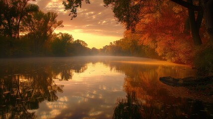 River and trees with a foggy sunrise