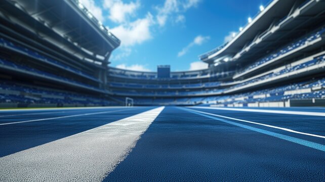 Empty blue running track in a stadium