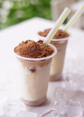 Delicious and refreshing milk based beverage, ice milkshake, cold drink, with different topping and mix