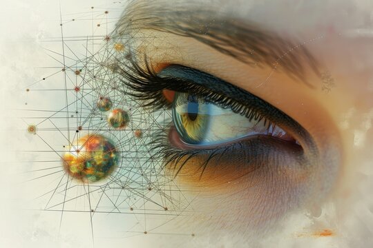 Human Cyborg AI Eye xen implantation. Eye color vision deficiency genetics optic nerve lens ocular surface color vision. Visionary iris blue eye sight optic nerve assessment eyelashes