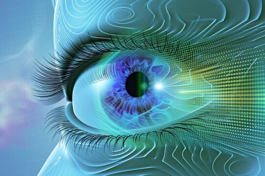 Human Cyborg AI Eye optic nerve lesion. Eye color vision development optic nerve lens amniotic membrane transplantation color vision. Visionary iris saw sight retinoblastoma eyelashes