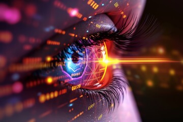 Fototapeta na wymiar Human Cyborg AI Eye visionary movement. Eye myopia optic nerve lens direct pupillary reflex color vision. Visionary iris Conjunctivitis prevention eye drop sight refraction eyelashes