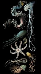 A group of sea creatures on a black background. Imitation of vintage zoology book illustrations.