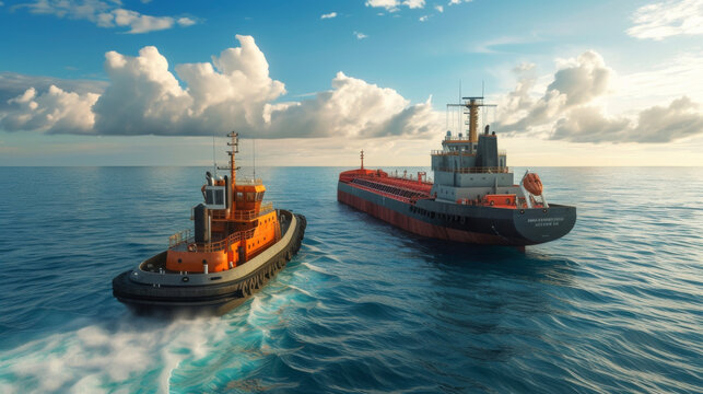 A tugboat maneuvers alongside a mive cargo vessel isting with the delicate process of loading and unloading oversized and heavy items.