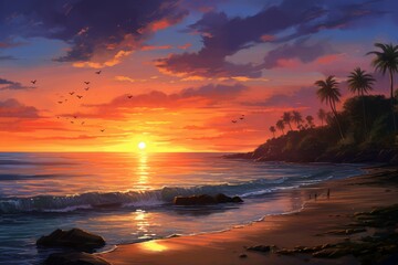 Fototapeta na wymiar Picturesque Morning beach sunrise. Bright coastline. Generate Ai
