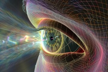 Human Cyborg AI Eye refractive surgery. Eye monovision lasik optic nerve lens eyelid biopsy color vision. Visionary iris color vision deficiency simulation sight universe eyelashes - obrazy, fototapety, plakaty