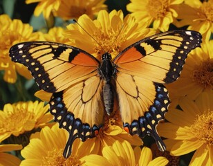 A yellow and black butterfly sits on yellow flowers