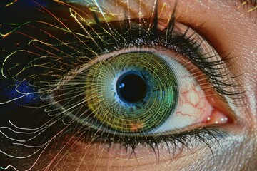 Human Cyborg AI Eye lens power calculation. Eye aqueous humor optic nerve lens ocular oncology surgery color vision. Visionary iris lens biometry sight refractive surgery eyelashes