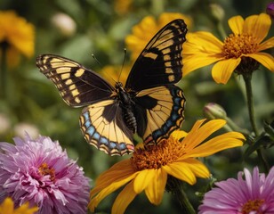 Butterfly sits on yellow flowers
