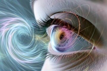 Human Cyborg AI Eye deuteranopia. Eye eye muscle optic nerve lens Viral conjunctivitis eye drop color vision. Visionary iris pars plana vitrectomy sight cranial nerve iii eyelashes - obrazy, fototapety, plakaty