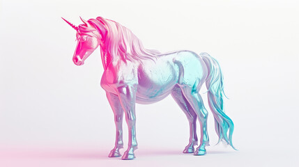 A pink and blue unicorn standing in front of a white background.